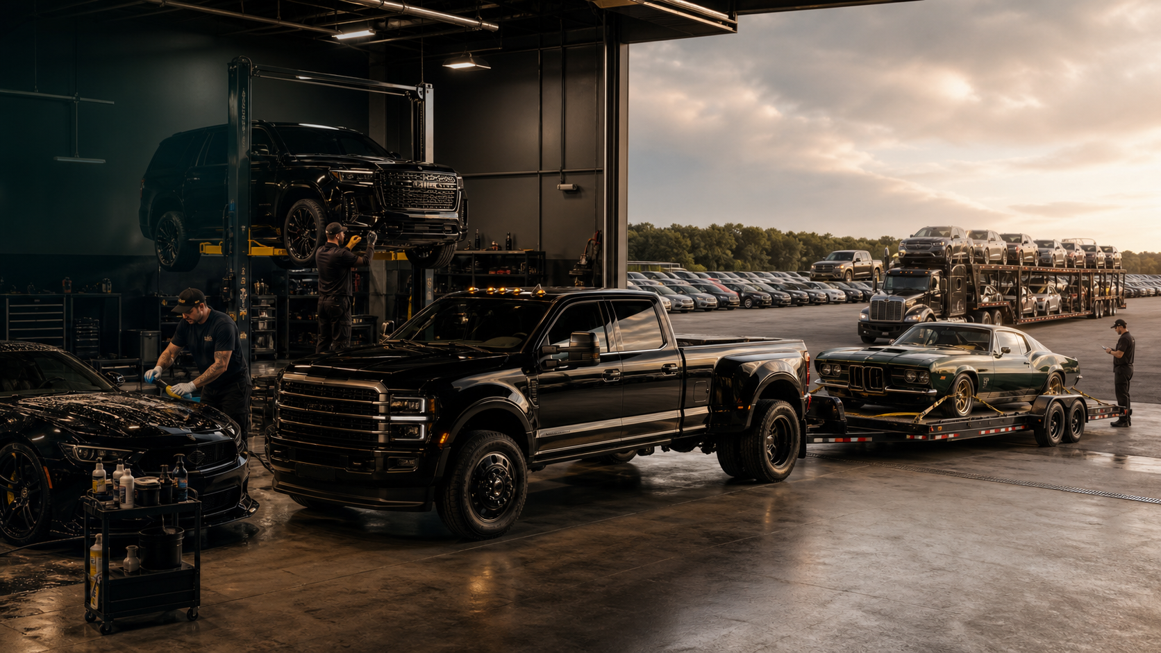 Forge Auto Services mechanic shop, diesel truck, trailer transport, detailing, and dealer inventory