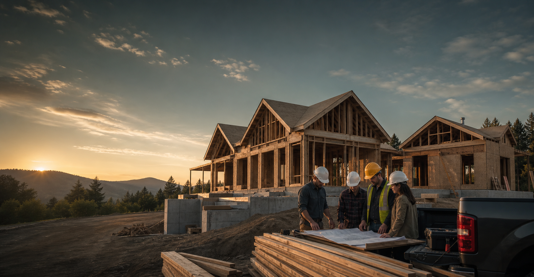 Custom home under construction with contractors reviewing plans